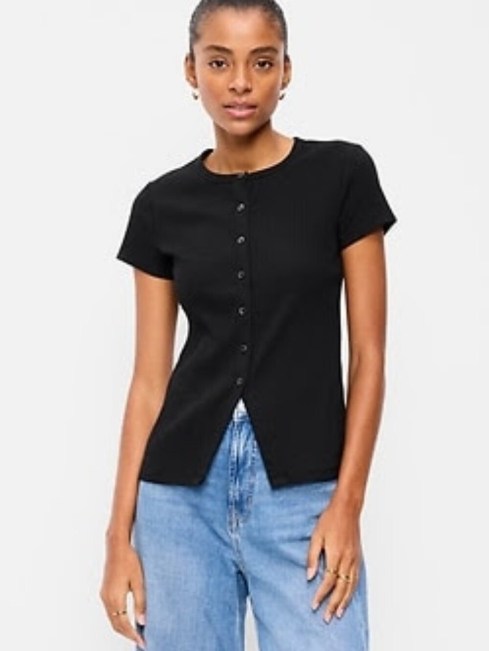 Old Navy Short Sleeve Button Down Top, Black, Size Medium